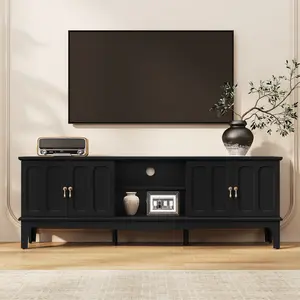 Retro TV Stand for 75" TV | Black Media Console | Adjustable Shelf, Brass Handles | Streamlined Cable Management | Large Storage Space | Curved Bottom Design | Perfect for Living Room, Bedroom, Office | Eco-friendly Paint