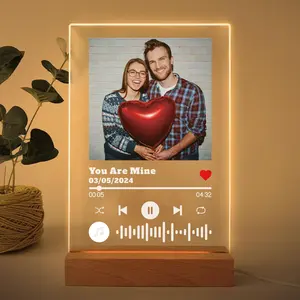 Customized LED Picture Frame for BF Custom Music Photo Plaque Personalized Song Plaque with Wood Night Lamp Anniversary Valentine's Day Christmas Gifts for Her Him Parents Regalo Por Aniversario