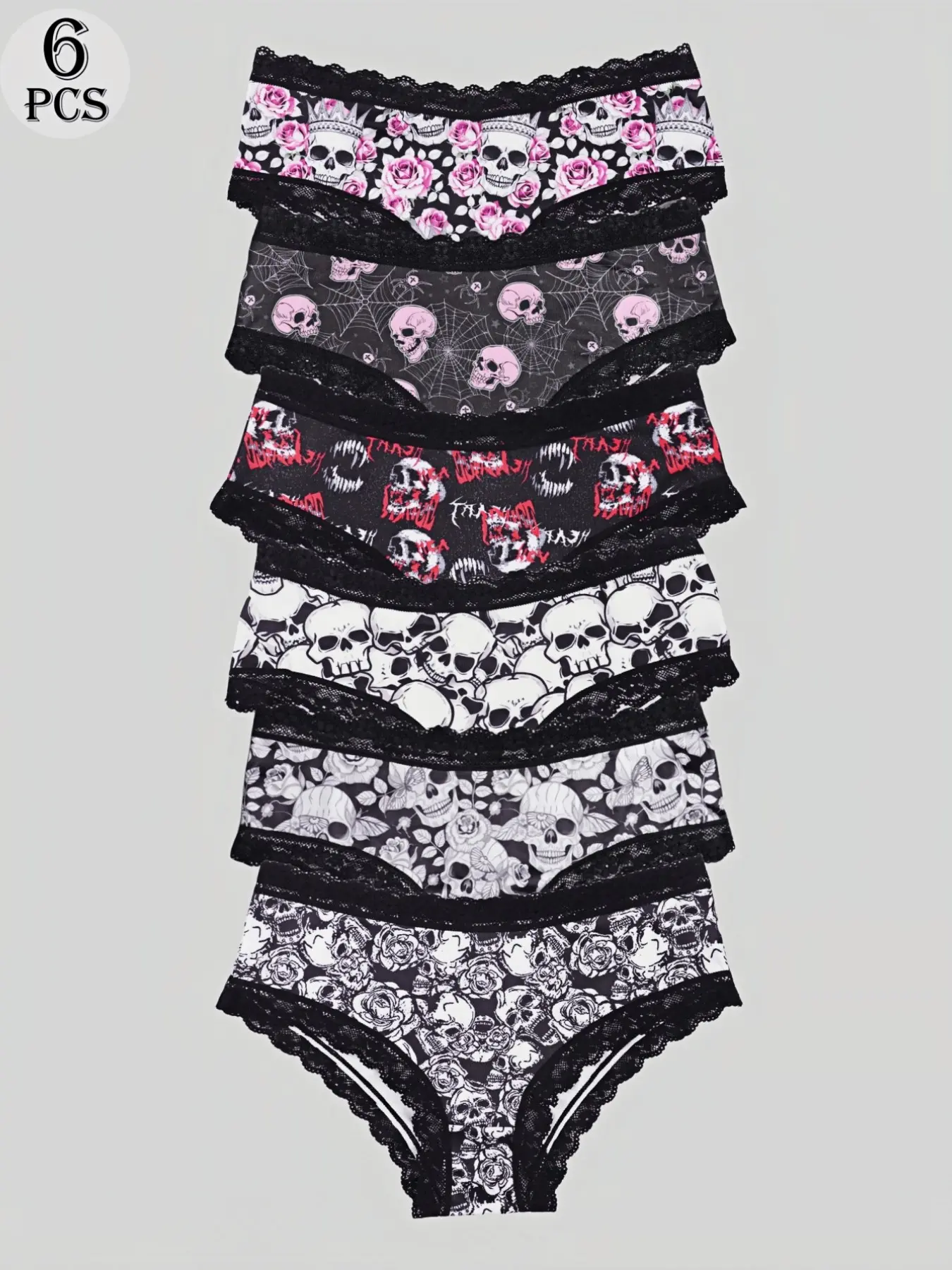 Morvia 6-Pack Vintage Gothic Floral & Skull Print Panties, Victorian Goth Inspired Alt Underwear, Retro Lace Hipster Briefs, Lace Panty
