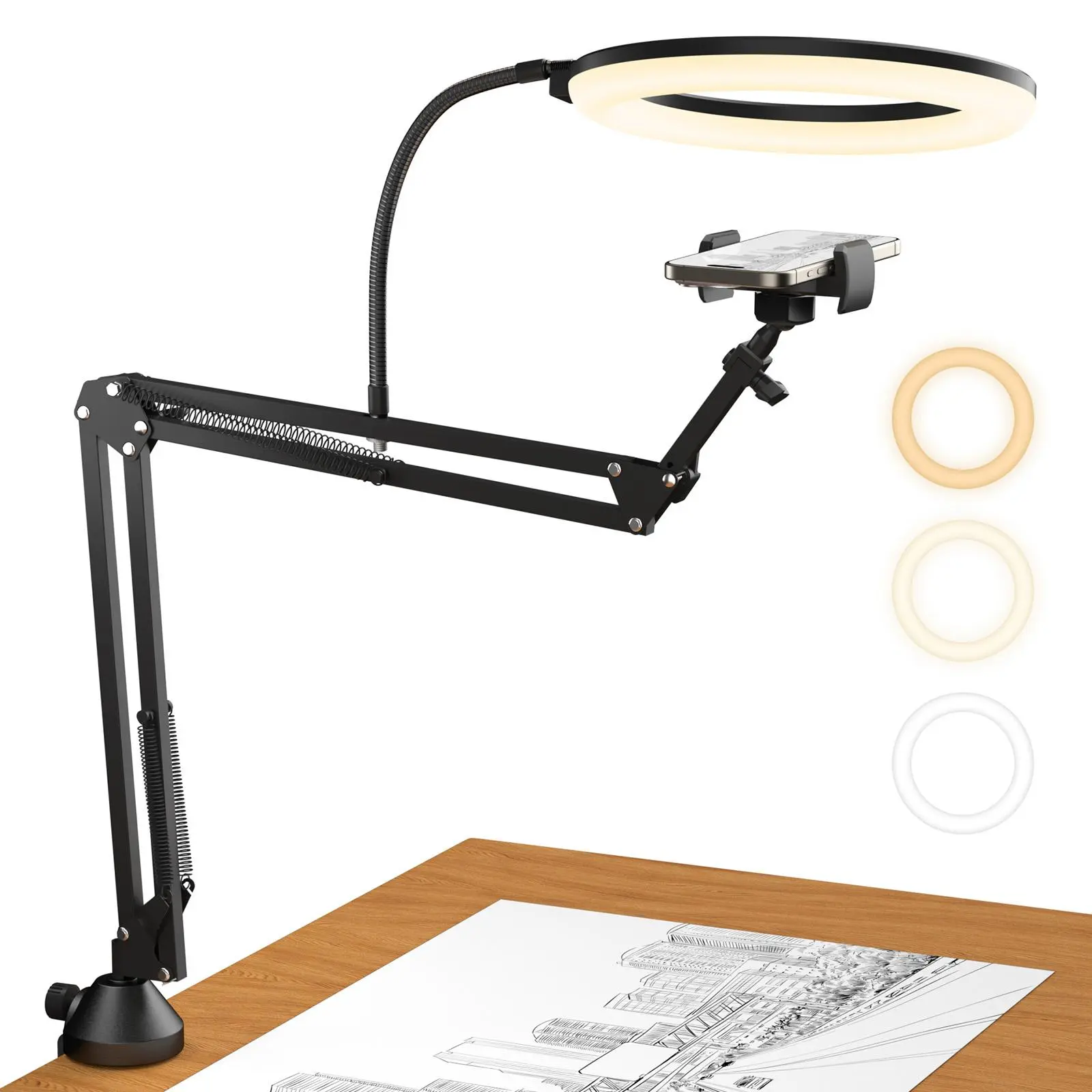 TONOR 10" Metal Overhead Ring Light Kit with Boom Arm, Smartphone/Cellphone Clip, Phone Holder, Adjustable Angle for Recording, Live Stream, Mobile