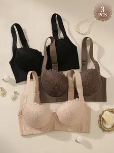 3-Pack Women's Sexy Color-Block Lace Push-Up Bra, Underwire Support & Lift, Wide Side Panel for Armpit Fat Contouring, Adjustable Wide Straps, Breathable & Skin-Friendly, Elegant All-Match Daily Comfort Wear, Underwire Bras