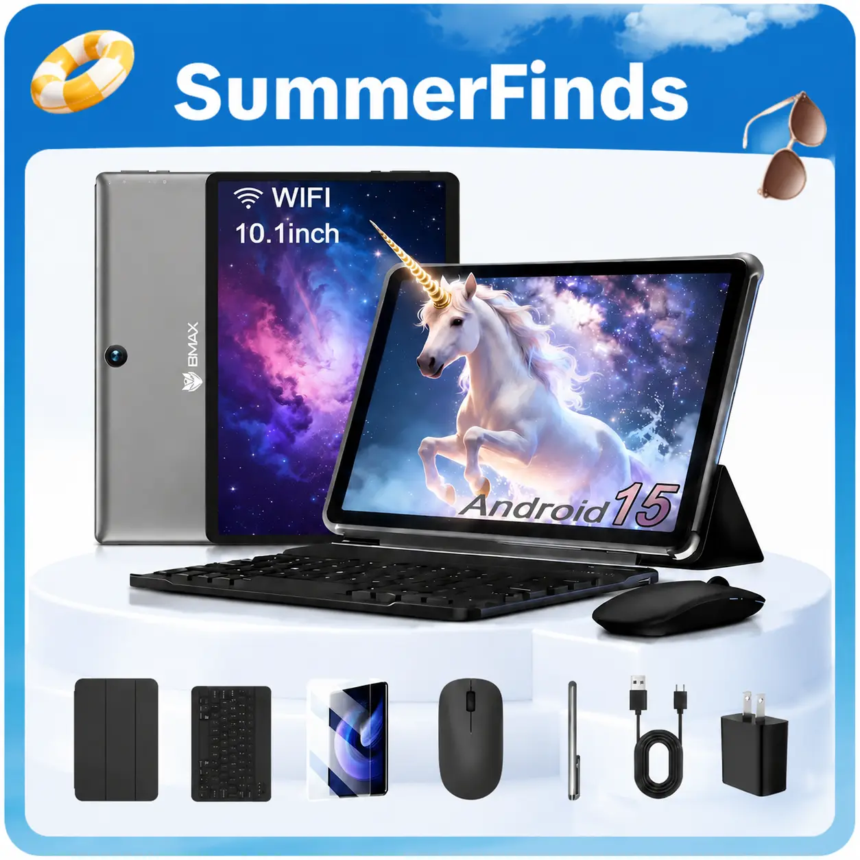 【Summer Sale】2026 BMAXi9PLUS 10.1" IPS Android 15 24GB ram（4+20）+128GBrom+Up to 1TB Tablet Bundle with Keyboard,Case,Stylus,Pre-installed Screen Protector,mouse,Type-C Charging, Adapter, Bluetooth5.0,WIFI6,6000mAh Battery,for Mother's Day Gift
