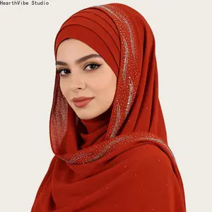 Muslim Sports Headscarf - Elegant Rust Red Chiffon Hijab with Sparkling Rhinestone Curves, Premium Cross Front, Soft Breathable Wedding Shawl for Eid, Party Wear