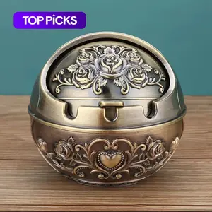 1pc of retro decorated rose patterned ashtray with lid, portable metal ashtray, hand carved indoor and outdoor decoration, suitable for men and women, home office room decoration, Collectible Room Decor