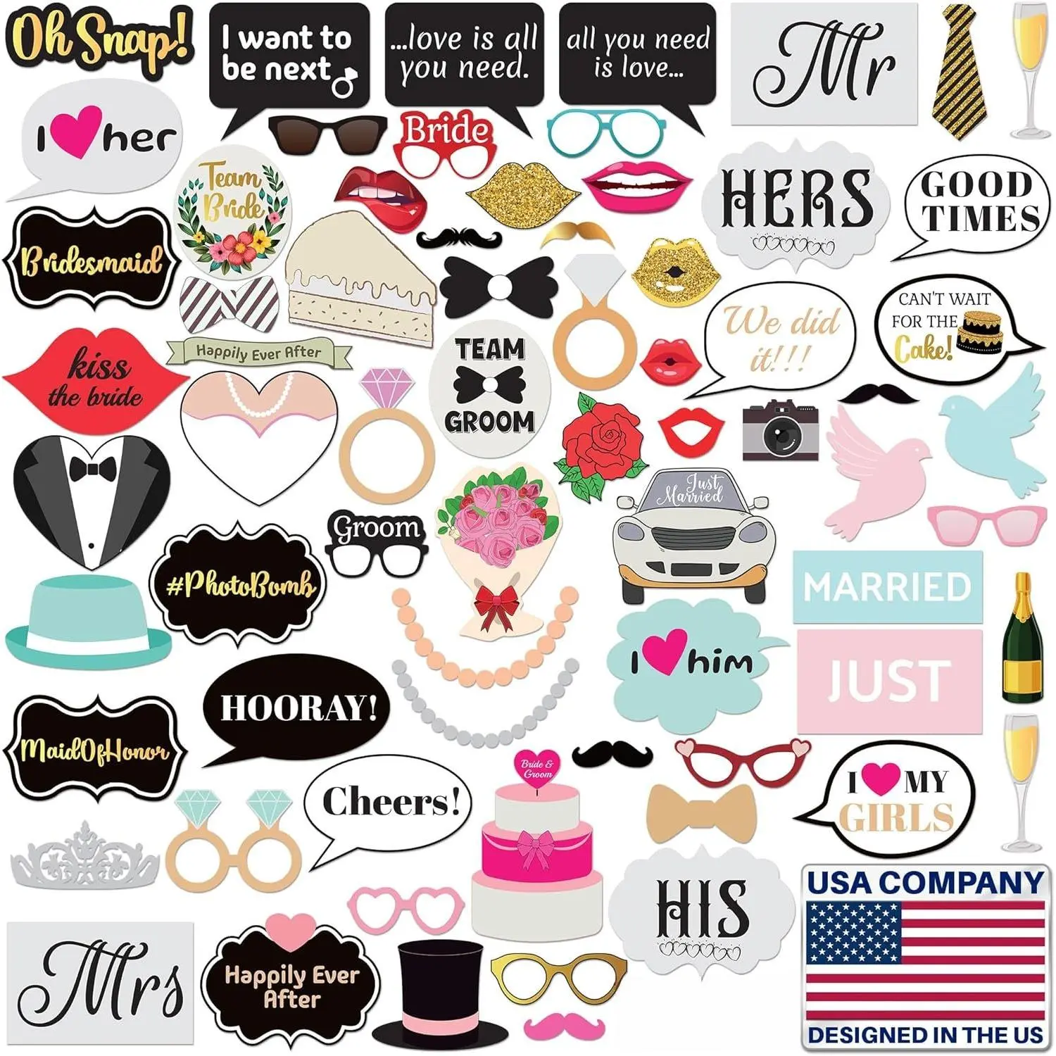 Wedding Photo Booth Props - 70 count, Multicolored - Fun Photoshoot Party Selfie Accessories - Silly Group Picture Favors for Wedding Reception, Anniversary, Engagement, or Shower