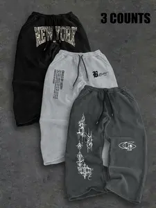 3-Pack Men's Streetwear Floral Print Straight Leg Sweatpants, Loose-Fit Vintage Design, Trendy Spring Fall Long Pants, Athletic Sweatpants