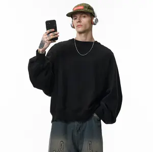 Inflation 100%Coton 450g Cropped Boxy Oversized Fashion Batwing Sleeve Horizontal Knit Sweater Winter New American Streetwear Casual Crew Neck Fleece Hoodie