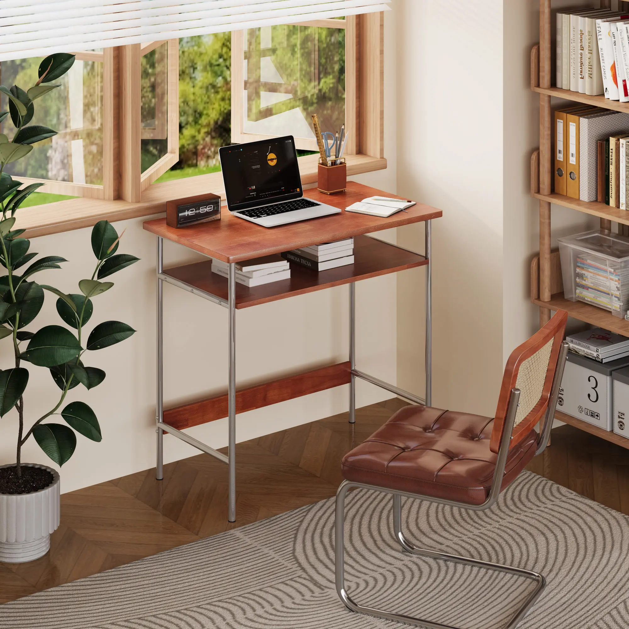 CocoHouse 100% Solid Wood Desk, 39 Inch Writing Computer Desk for Small Spaces, Vintage Home Office Desks, Mid Century Modern Desks with Thickened Stainless Steel Legs for Study, Makeup & Workstation (Cherry)