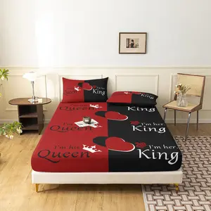 3pcs Black And Red Crown King Queen Letter Couple Fitted Sheet Set Bed Sheet Set - Hd Printing, Super Soft And Comfortable, Soft Comfy Bedding, Decorative Bedsheet Sets, Home And Dorm Decor, (1* Fitted Sheet + 2* Pillowcases, Core Not Included)