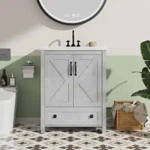 24 Inch Vanity with Ceramic Sink, Modern Bathroom Vanity with 2 Doors and 1 Storage Drawer, Freestanding Bathroom Cabinet with Modern Design for Your Bathrooms, Grey