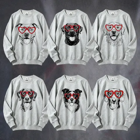Ladies' cute casual crew-neck long-sleeved pullover hoodie - with dog breed/kegeru pattern, 50 dog breed heart-shaped eyewear designs, heart-shaped prints, digital printed fabric