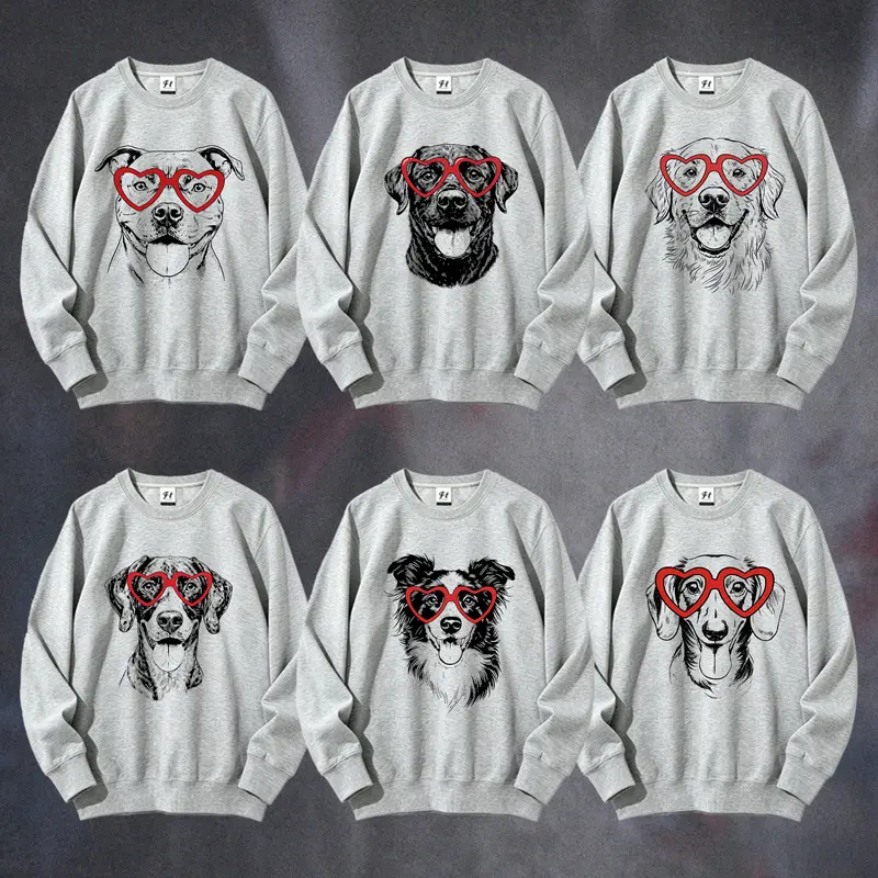 Ladies' cute casual crew-neck long-sleeved pullover hoodie - with dog breed/kegeru pattern, 50 dog breed heart-shaped eyewear designs, heart-shaped prints, digital printed fabric