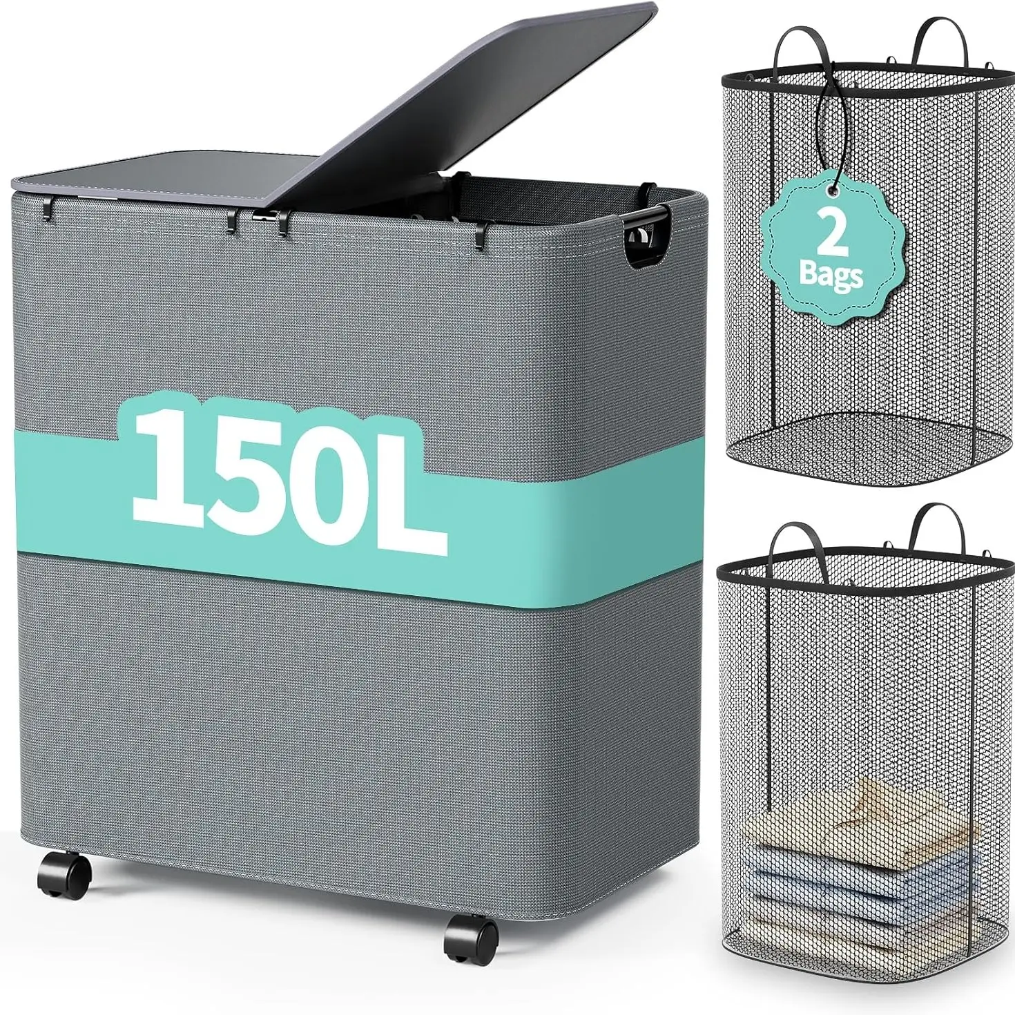 Grey 150L Double-Lid Dirty Laundry Basket Two Inne