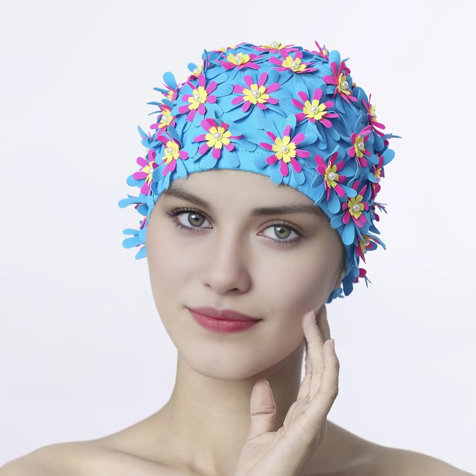 Sporty Swimming Cap, Hand-Sewn Tile Material with 3D Flowers and Anti-Pearl Design, for Water Sports and Swimming, Sporty Swimming Caps