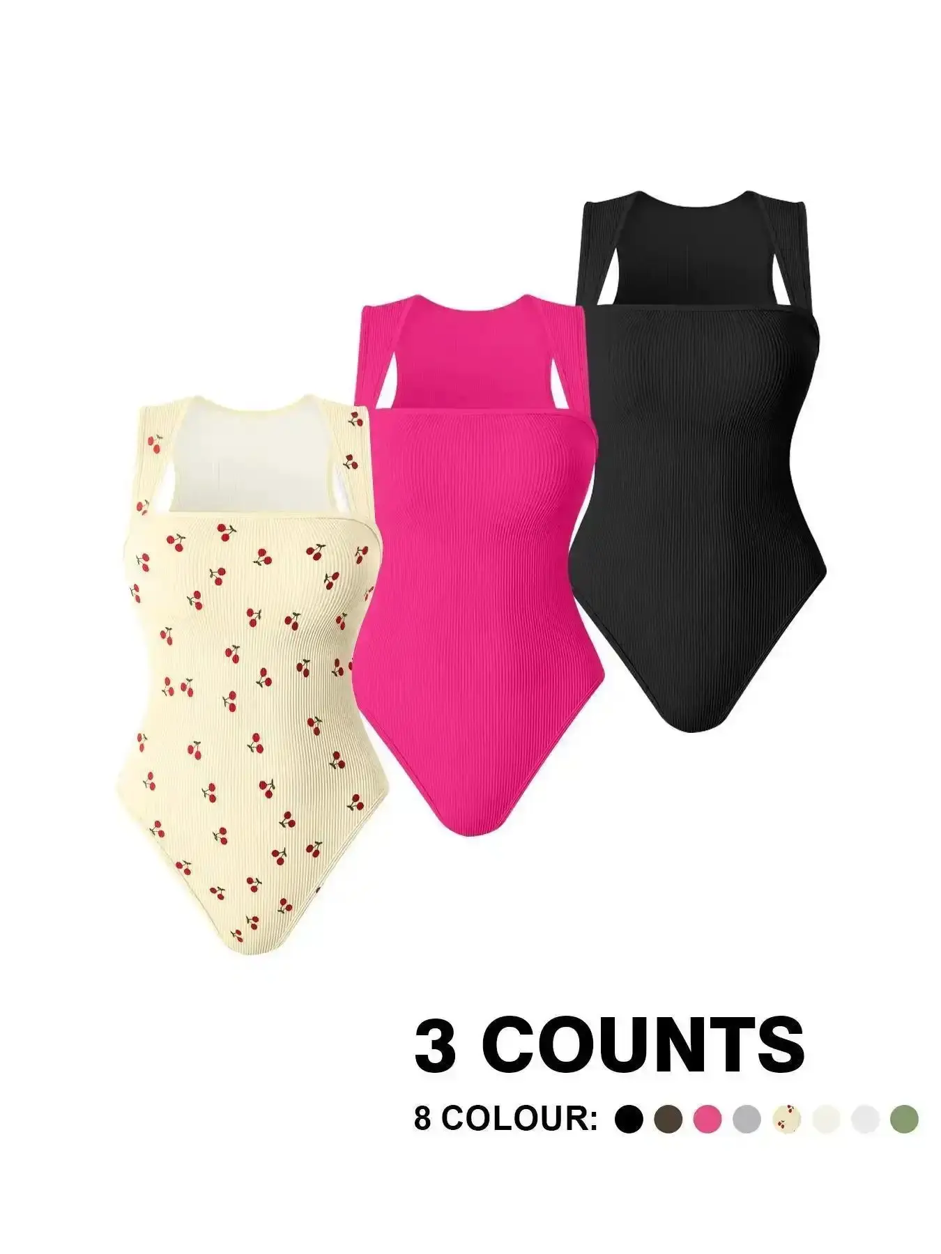 Fresh Women's Solid Ribbed Square Neck Shapewear Bodysuit, Basic Casual Comfy Breathable Sleeveless Shaper, Tummy Tuck Garment, Control Clothes, Ladies for All Seasons, Easy Care and Wrinkle Resistant