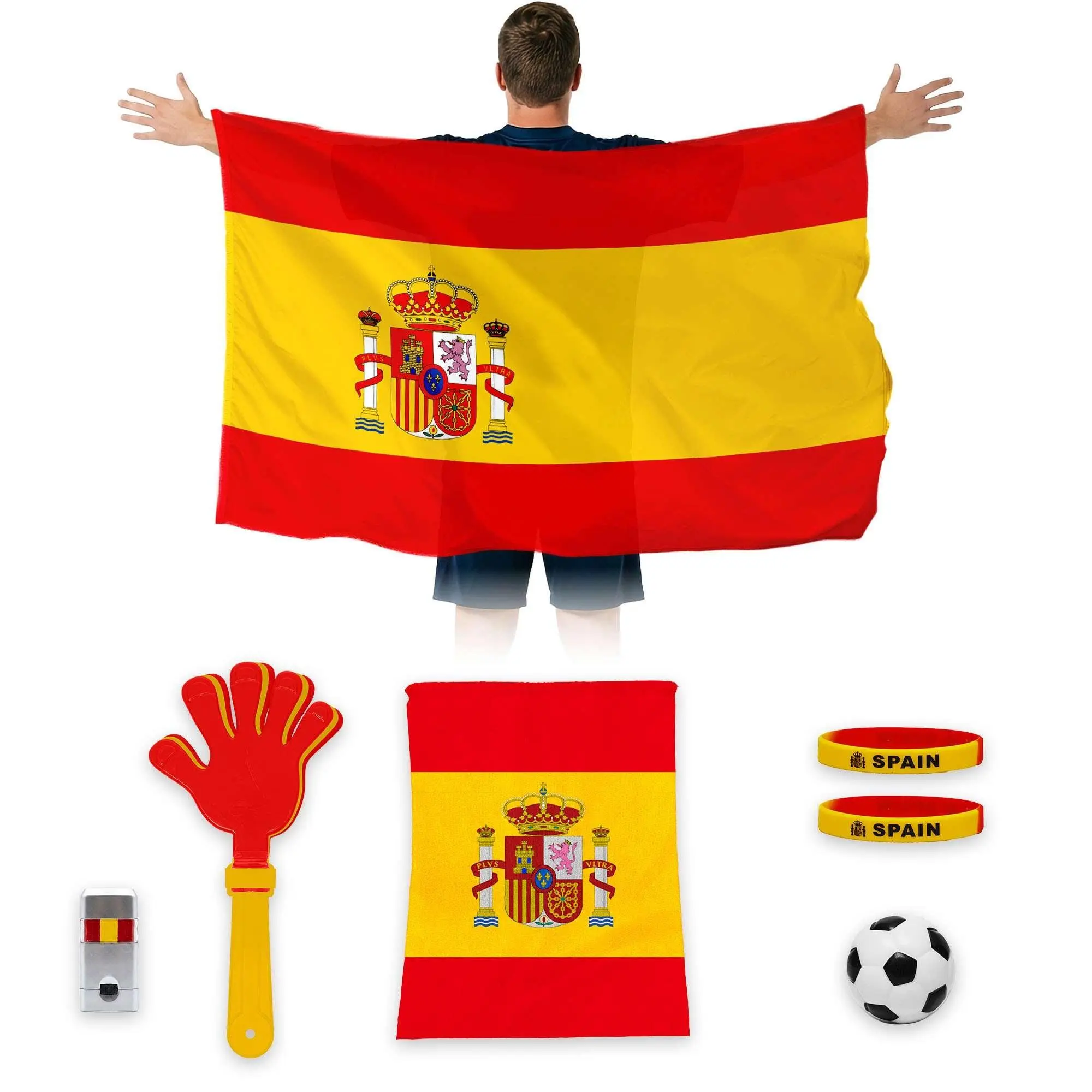 G128 World Soccer Tournament 2026 Cup Soccer Fan Set 6PCS, Spain Fan Merch with Flag and Bracelet, Accessories for Sports Parties