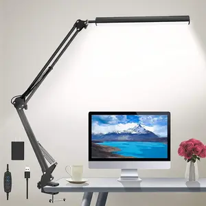 LED Desk Lamp with Clamp & Base, 12W Eye-Caring Desk Light with 3 Color Modes Adjustable Brightness, Flexible Swing Arm Lamp for Home Office Study