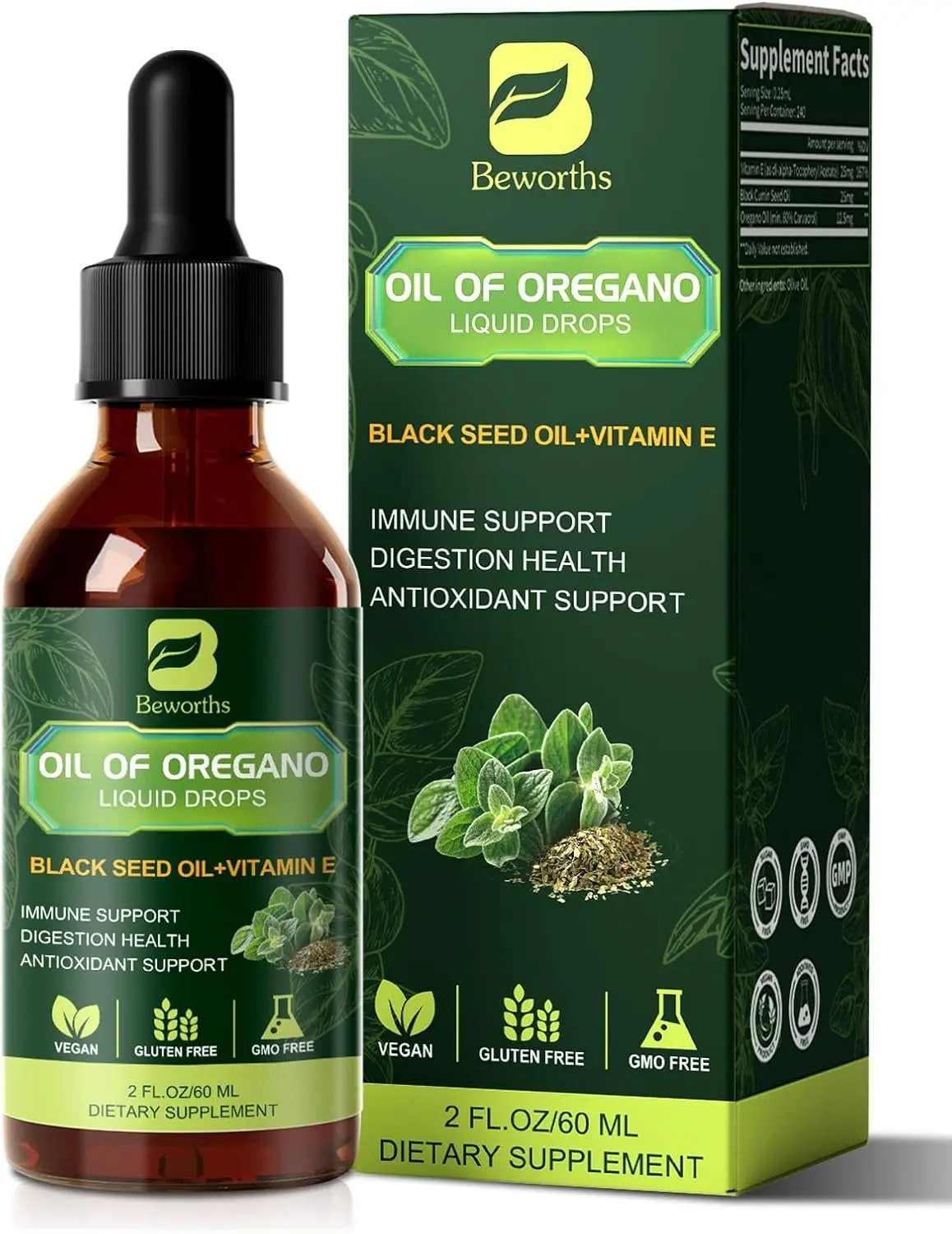 Oil of Oregano with Black Seed Oil, Oregano Liquid Drops - 80% Carvacrol | Oil of Oregano with Black Seed Oil, Vitamin E