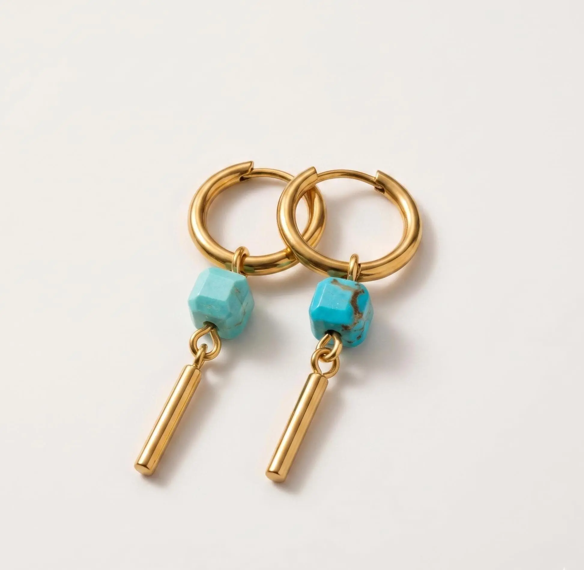 Gold & Turquoise Dangle Huggie Earrings Hoops, Dainty Stainless Steel Earrings for Daily Wear, Birthday Gift, Dainty Earrings