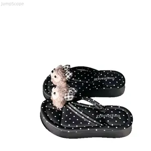 Cute Plush Bear Polka Dot Platform Flip Flops, 2026 Summer Women Cartoon Bow Decor Thong Sandals, Slip-On Outdoor Beach Wedge Slippers