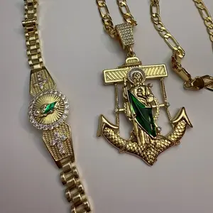 San Judas Tadeo Gold Plated Necklace and Bracelet Set