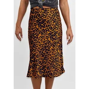 Satin Leopard Print Midi Skirt Caramel
