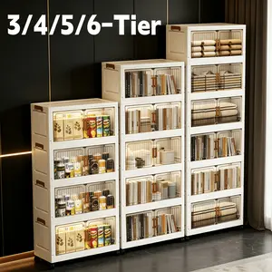 3/4/5/6-Tier Clear Plastic Stackable Storage Cabinet, Foldable Multi-Functional Storage Bin with Doors and Wheels, Rolling Space-Saving Organizer for Home, Office, Garage and Bedroom, Ideal Container for Clutter, Books, Clothes and Household Items