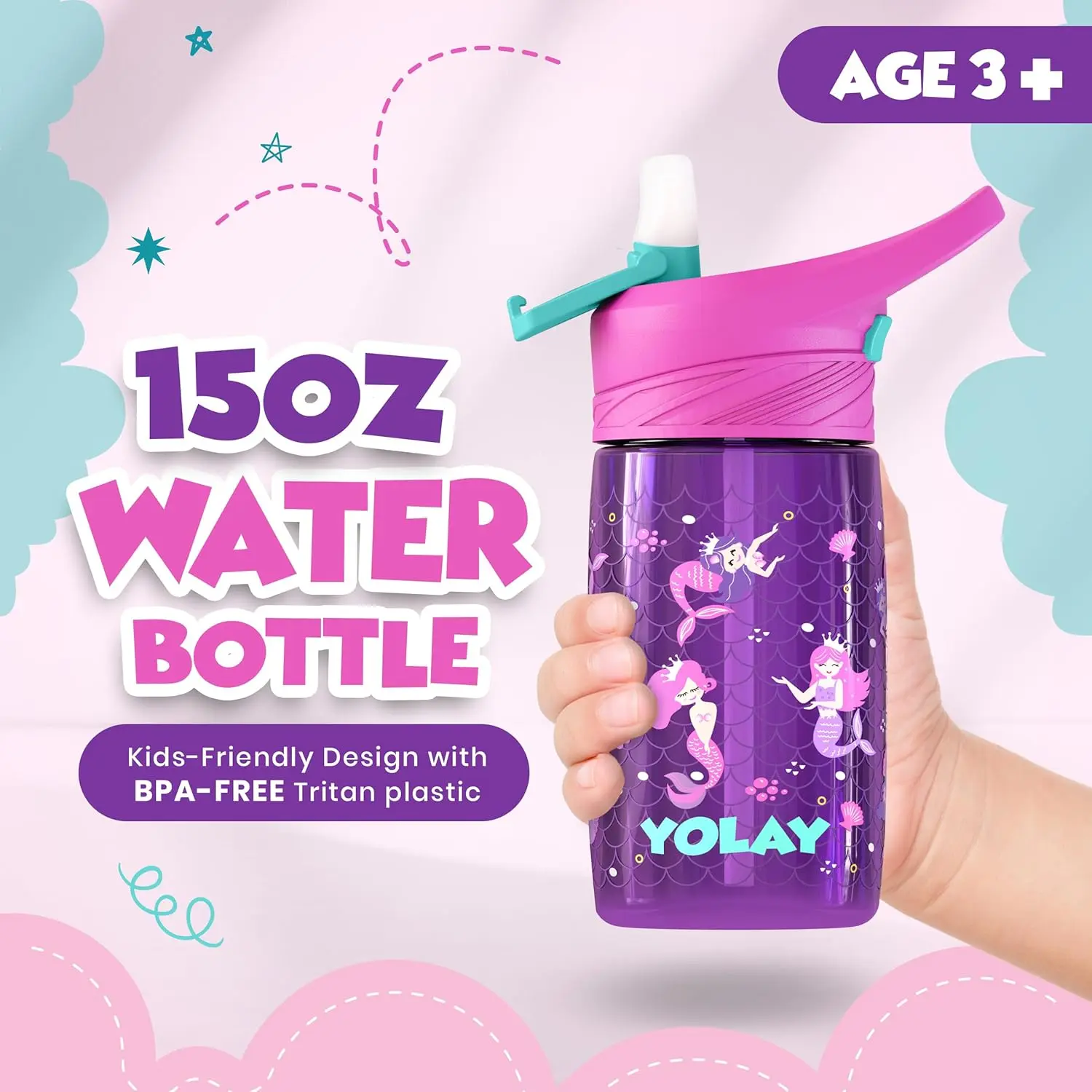 YOLAY Kids' Water Bottle, 15oz Unisex Cartoon Mermaid Tumbler, Sturdy & Leakproof PP Plastic with Straw Lid for School