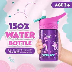 YOLAY 15oz Sturdy Kids Tumbler Cup - Wide Mouth, Airtight, Leak-Proof, Portable BPA-Free Dishwasher-Safe Washable Drink Bottle with Straw Lid, Mermaid Design for Boys & Girls