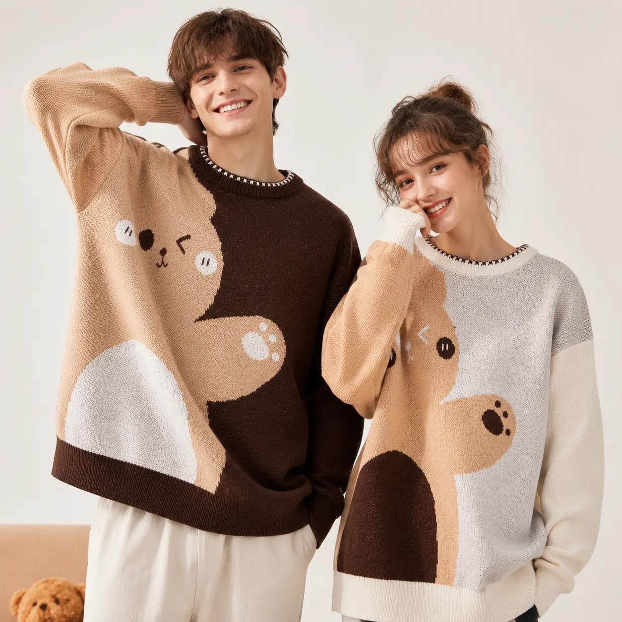 Men's Teddy Bear Knit Sweater, Cute Color Block Kawaii Pullover with Round Neck for Fall Winter Streetwear, Knitwear, Chic, New Year, Athletic, Oversized, Stylish, Jeans, Joggers, Fashion Apparel, Halloween, Polyester