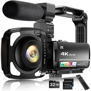 4K Video Camera Camcorder 64MP Vlogging Camera for YouTube 3.0" Touch Screen 18X Digital Zoom IR Night Vision with External Stereo Microphone,Remote,Lens Hood,Handheld Stabilizer,32G Card &2