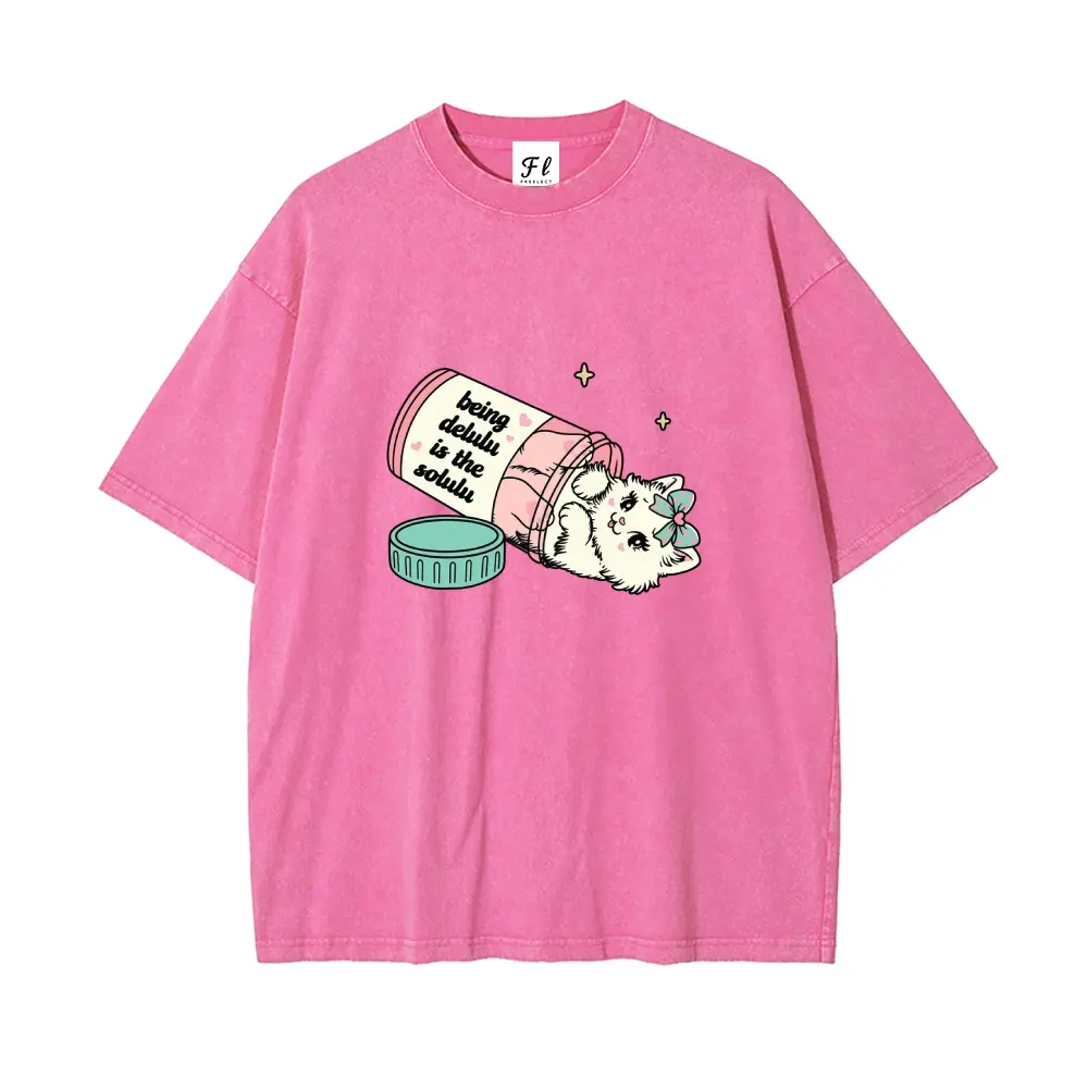 Women's 260g Heavy Cotton Shortleeve Tshirt - Oversized Baggy Loose Round Neck, Snow Wash, DTG Print, Breathable, Retro Vintage Fashion Apparel, Cartoon Style Funny Pill Bottle Kitten Graphic, "Being Delulu Is The Solulu" Casual Streetwear Top, Shortsleev