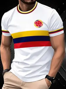 Colombia National Team Fan Short Sleeve T-Shirt, World Cup Football Jersey, Unisex Trendy Sports Top, Striped Design, All Seasons, Soccer Shirt
