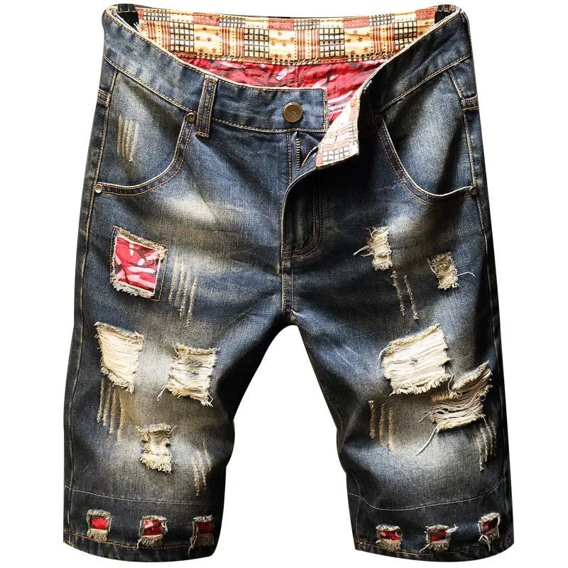 Men’s Plus Size Summer Vintage Straight-Leg Bermuda Shorts — Non-Stretch, Trendy Distressed Look with Patchwork Accents, Color-Blocked Design, High-Contrast Bright Patches, Mid-Rise Waist, Height-Enhancing Slimming Fit, Versatile for Commuting, Outdoor, D