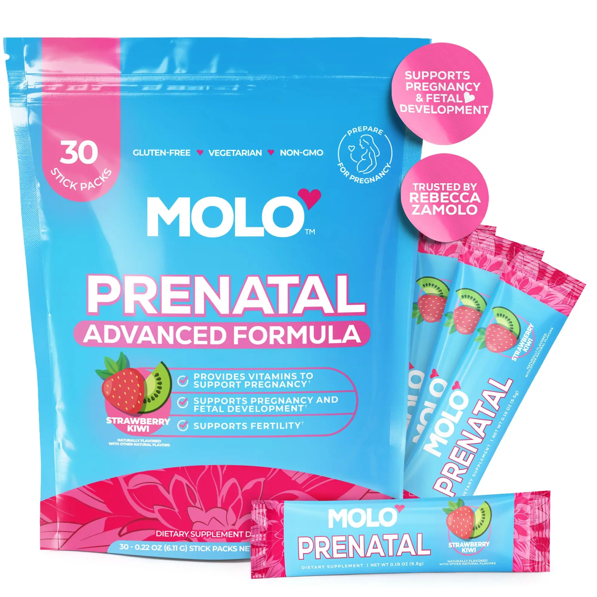 MOLO Prenatal Multi-Vitamin Drink Mix for Women – Packed with Essential Vitamins & Antioxidants, Methylfolate, & Iron – 30 Stick Packs Strawberry Kiwi Flavor – Vegetarian, Gluten-Free & Non-GMO