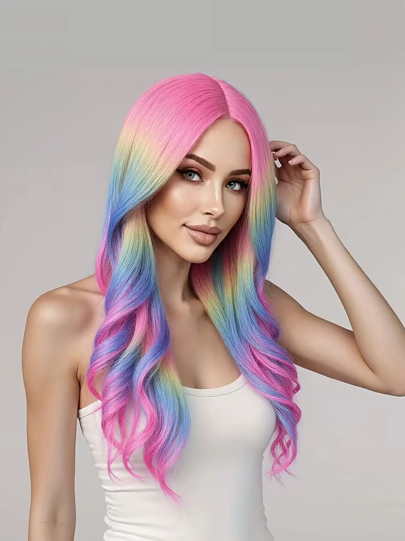 Rainbow Ombre Wigs Long Wavy Wig for Women, Colorful Ombre Curly Heat Resistant Synthetic Hair Wigs, Daily Use with Wig Cap, Synthetic Fiber Wig
