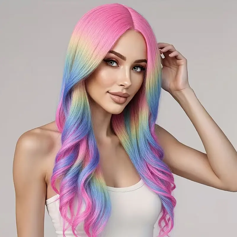 Rainbow Ombre Wigs Long Wavy Wig for Women, Colorful Ombre Curly Heat Resistant, Daily Use with Wig Cap, Synthetic Fiber Wig, Synthetic Hair Wigs