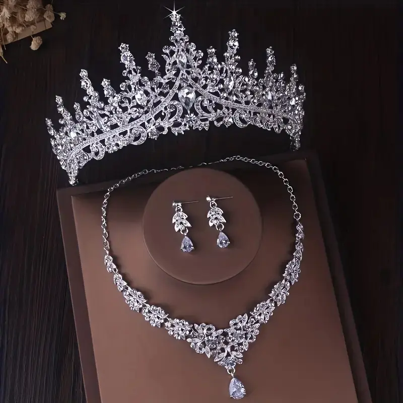 Bridal Crown Necklace & Earrings 3-Piece Set - Luxury Wedding Jewelry, Elegant High-End Accessories for Bridal Gowns/Banquets