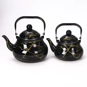 Vintage Pear-Shaped Enamel Kettle with Golen Handle, Marble Pattern, Ideal for Boiling Water, Coffee, Tea, Indoor & Outdoor Use