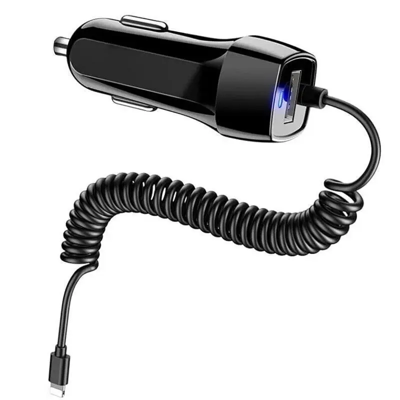 Metal USB-USB-C Dual Port Car Charger Adapter with Coiled Lightning Cable, Portable iPhone Charger with 2.4A DC 5V/2.1A Fast Charging, Secure Temperature Control for iPhone 11/12/13/14 Pro Max Vehicles, Usb Adapters, Fastcharging