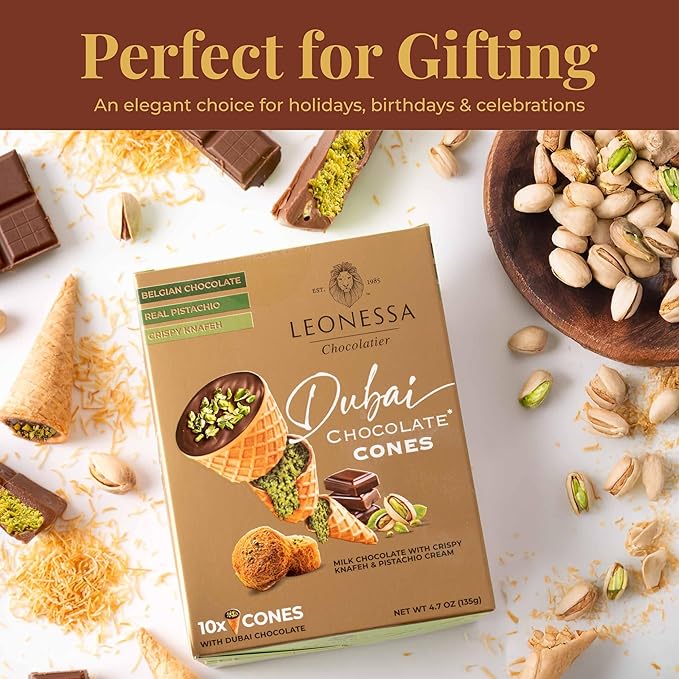 Leonessa Dubai Chocolate Cones with Pistachio Kunafa | Made with Premium Belgian Chocolates | Kunafa Chocolate | Chocolates de Dubai - 4.7 oz
