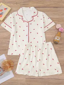 Girl's Cherry Print Top & Shorts Pyjama Two-piece Set, Cute Comfy Short Sleeve Top & Shorts Set, Kids Sleepwear for All Seasons, Pajamas, Fruit Print Pajamas