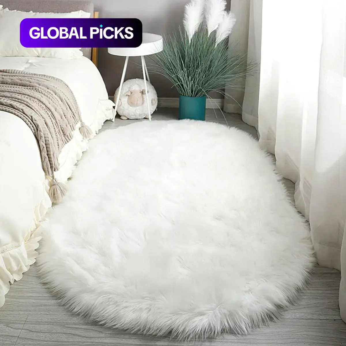 Modern Solid Color Oval-Shaped Soft Fluffy Decorative Rug, Indoor Area Rug, 1 Count Non-Slip Faux Fur Bedroom Floor Carpet, Shaggy Area Rug, Birthday Gift Ideas, Home Decor #GLOBAL PICKS