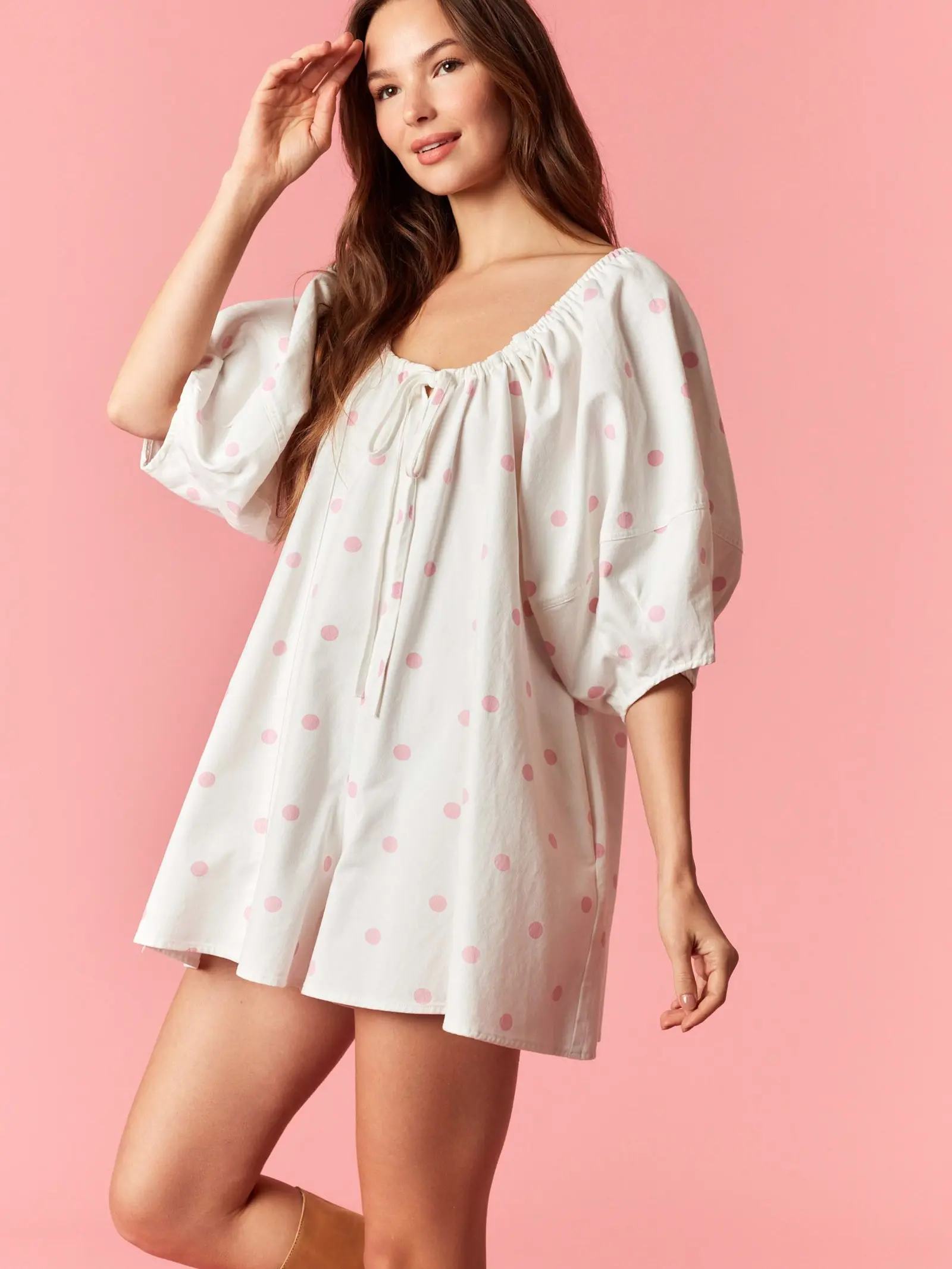 Women's Cotton Polka Dot Romper - Bubble Sleeve Easy Fit Casual Summer Playsuit, Boho Vacation Beach Outfit, Relaxed Fit Fabric Womenswear