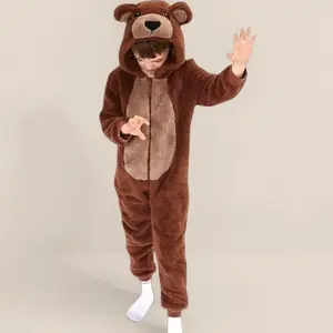 L-A18   Cozy Flannel Onesie Pajamas: Adorable Brown Bear Costume for Kids, a Snug Fit for Boys & Girls - Perfect as a Gift
