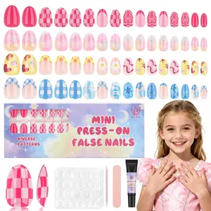 16 Sizes 128 Pieces Press on Nails for Kids, 4 pack Kids Nail Kit Colorful Flower Almond Fake Nail Tips for Girls 8-12 Years Old with Jelly Nail Adhesives & Nail Glue Birthday Holiday Gifts