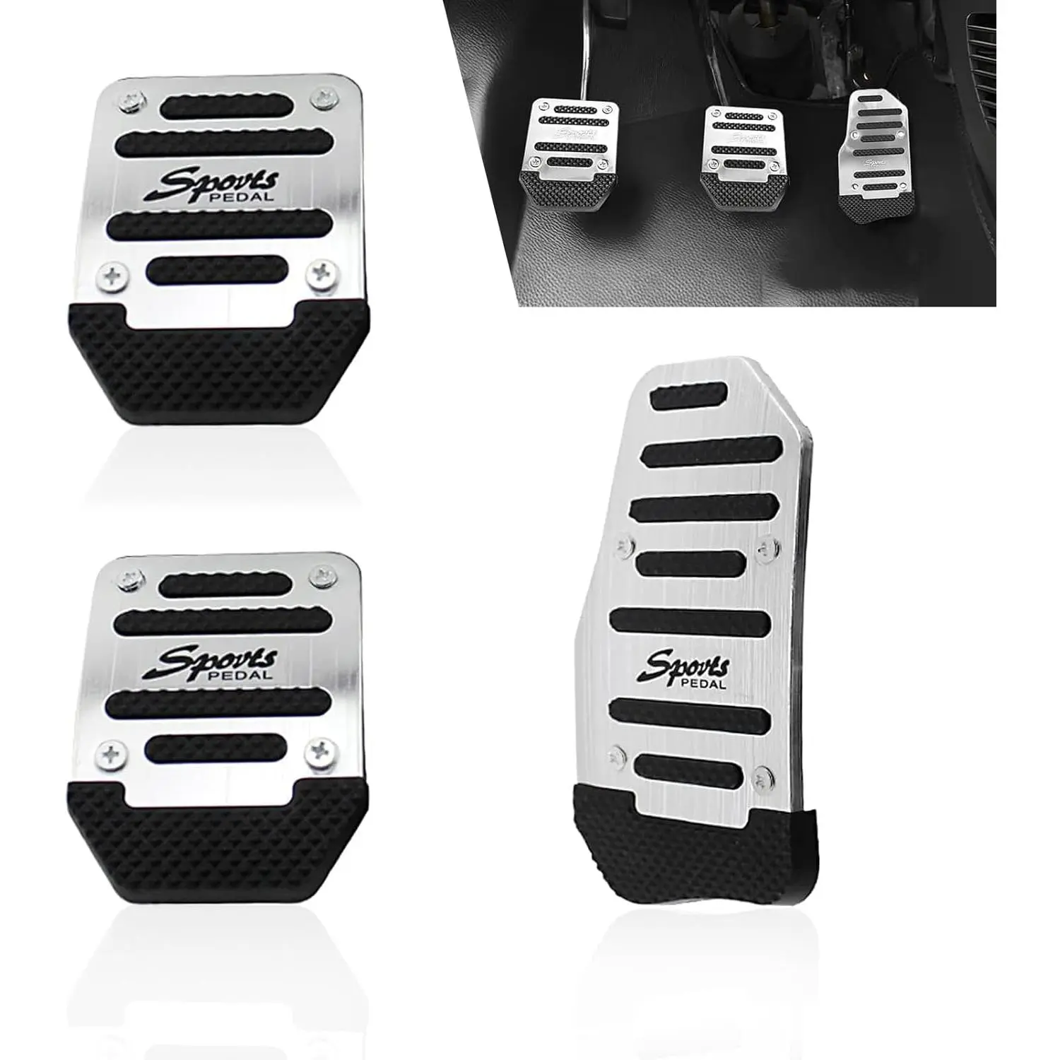 3-Piece Car Accelerator Brake Clutch Pedal Kit - Thick Alloy + High-Elastic Striped Rubber, Anti-Slip, Shock-Absorbent, Noise-Reducing Manual Transmission Car Interior Accessories (Silver), None, Shock Absorption, Accelerator Pedal