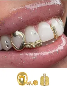 2Pcs Women's Grills for Teeth, Tooth Gem, Hollow Heart & Rose Design, Copper Material Micro Inlaid Zirconia Craftsmanship, Perfect for Festivals & Parties