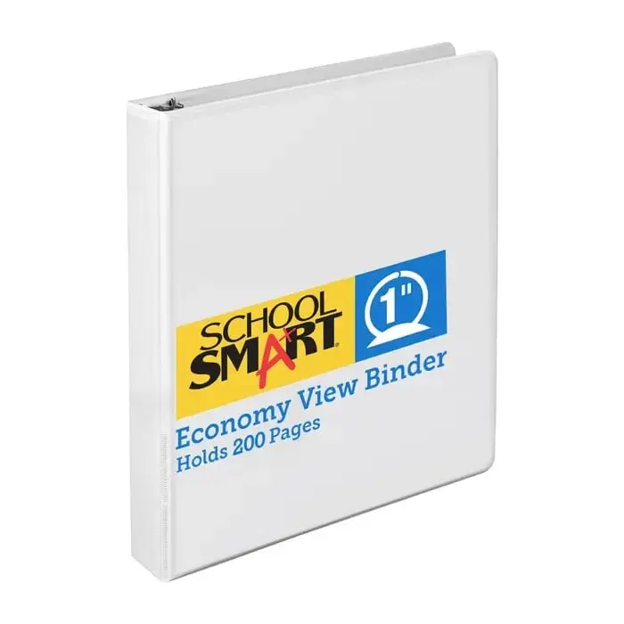 School Smart 086388 White 1-In Vinyl General Purpose Round Ring View Binder - 2 in-side pockets, 47-52% recycled content, ink transfer-resistant, concealed rivets, non-glare overlay