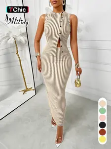 Aliling Striped Print Women's Two-Piece Tank Top and Skirt Set, Casual Sleeveless Button Vest and Slim-Fit High-Waist Long Skirt, Elegant Outfit for Women's Daily Wear